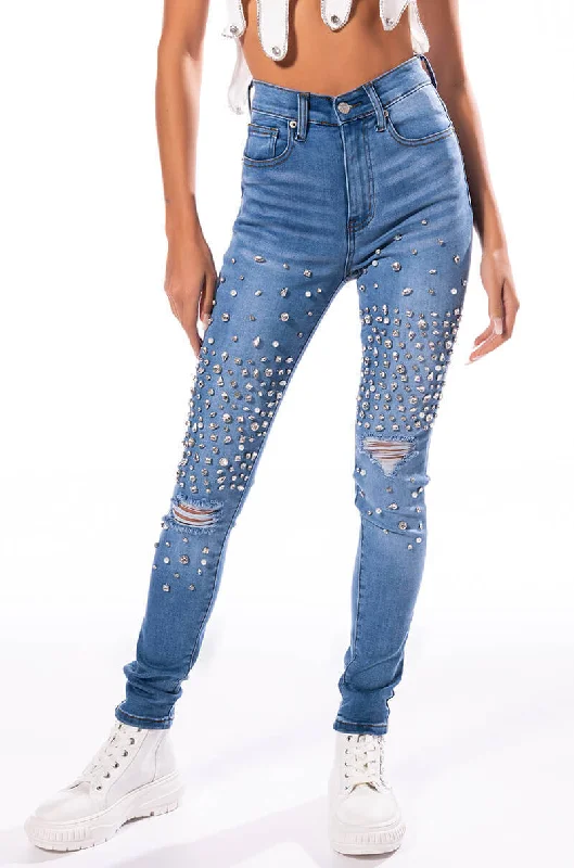 OUTTA THIS WORLD DISTRESSED RHINESTONE HIGH RISE SKINNY JEANS